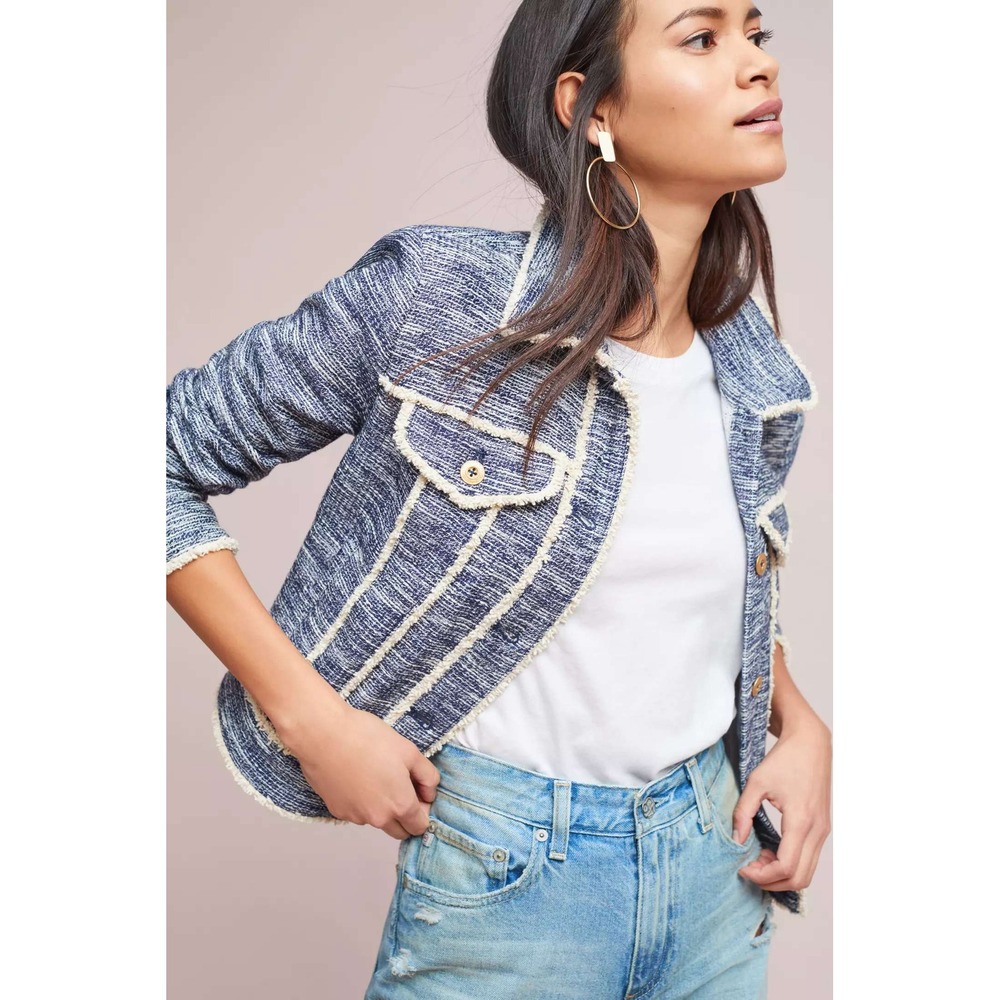 Catherine Malandrino x Anthro Pilcro Blue Tweed Fringed Trucker Jacket S Cropped